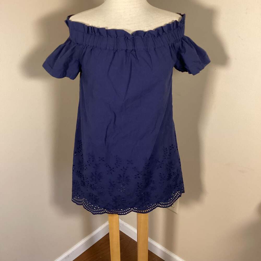 Vineyard Vines Navy Blue Eyelet Off The Shoulder Scalloped Hem Dress XS